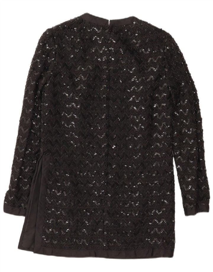 Vintage mujer manga larga lentejuelas túnica Top Reino Unido 10 pequeño negro Chevron