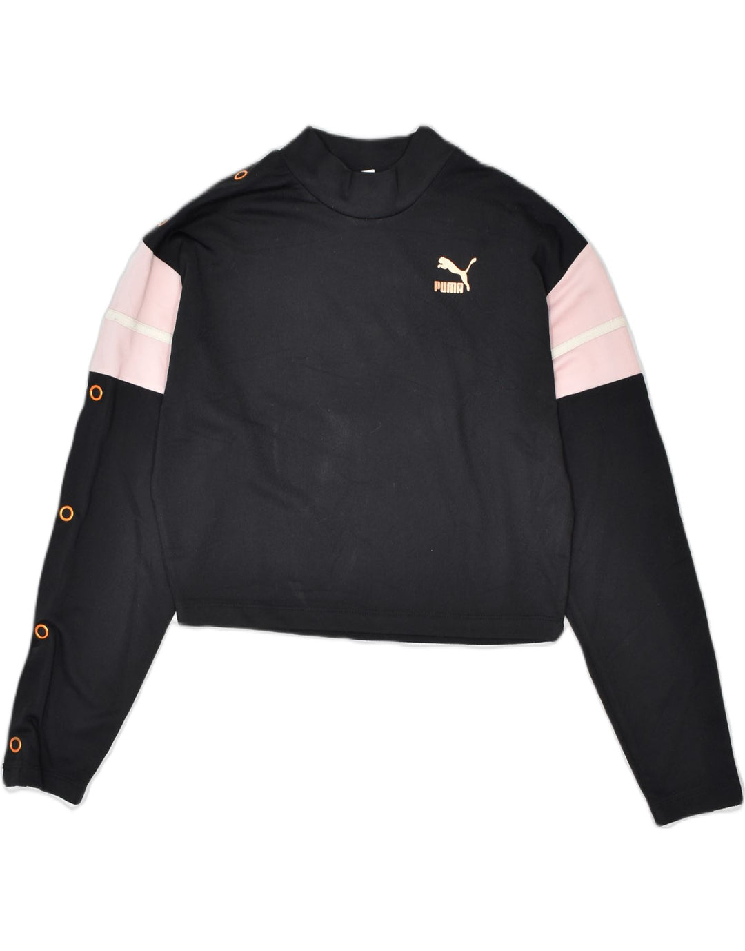 PUMA Womens Oversized Crop Sweatshirt Jumper UK 10 Small Black Colourblock | Vintage | Thrift | Second-Hand | Used Clothing | Messina Hembry 