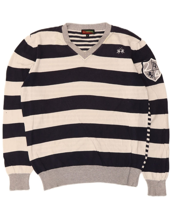 La Martina Suéter gráfico con cuello en V para mujer UK 46 Large White Stripes