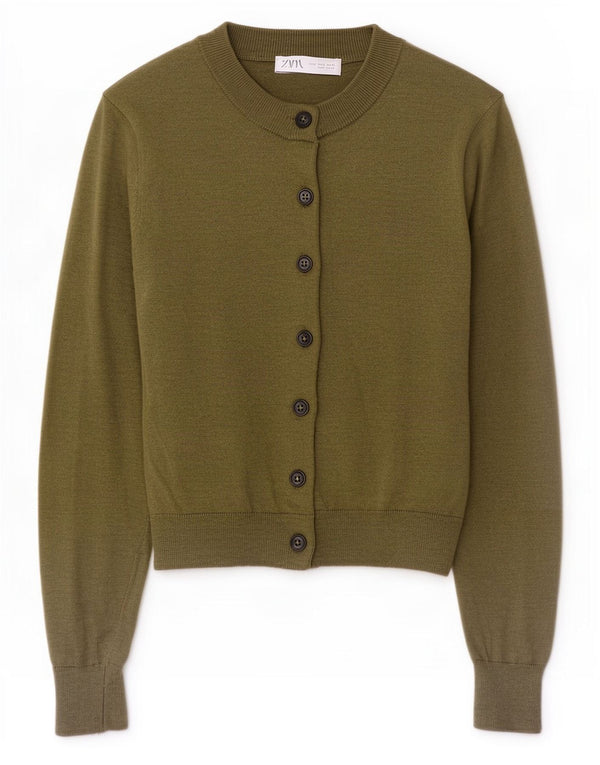 Zara Mujer Crop Cardigan Suéter UK 10 Small Caqui Poliamida