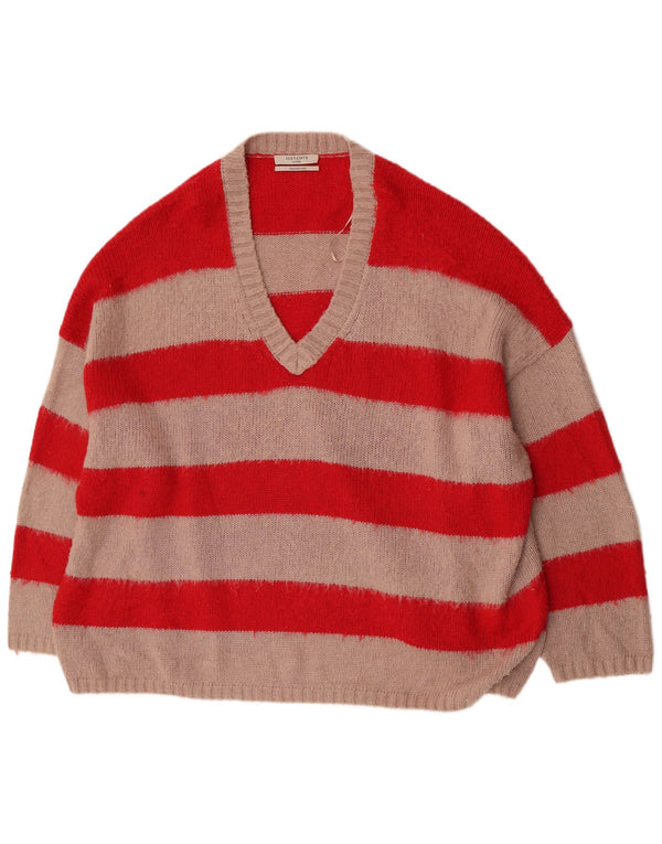 All Saints Jersey de gran tamaño con cuello en V para hombre, acrílico a rayas rojas grandes