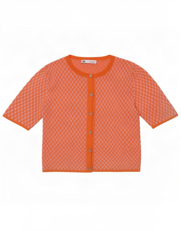 Zara Mujer Crop Jersey Cárdigan De Manga Corta UK 10 Small Orange Check