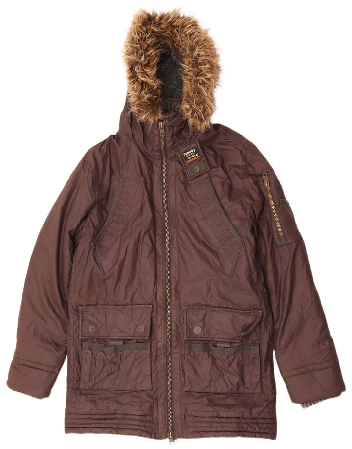 Superdry Parka con capucha y corte regular para hombre, talla 2XL, algodón marrón