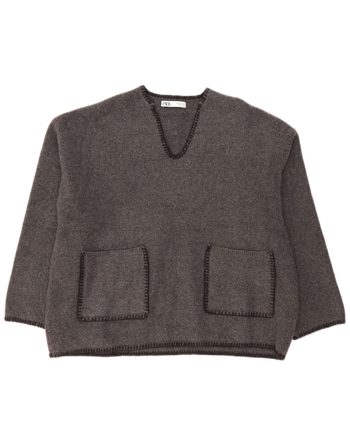 Zara Mujer Jersey Oversize Con Cuello En V UK 44 Poliéster Gris Medio