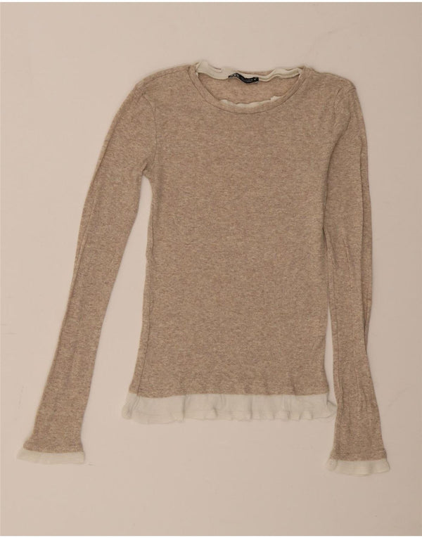 Zara Mujer Top Manga Larga UK 8 Small Beige Colorblock Algodón