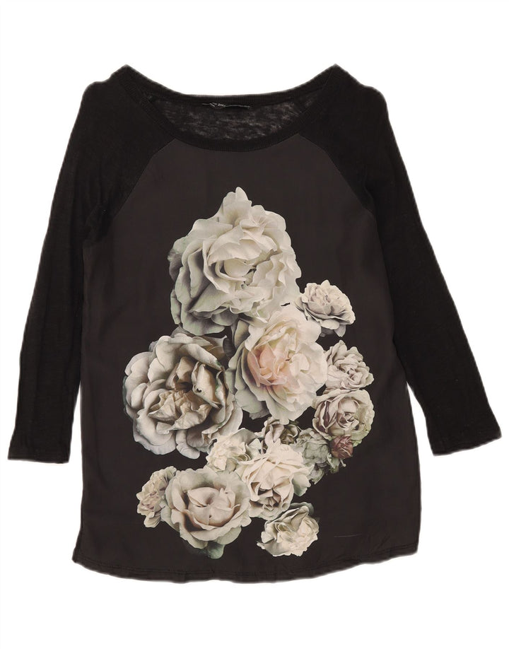 Zara Mujer Top Gráfico Manga 3/4 UK 42 Mediano Negro Floral