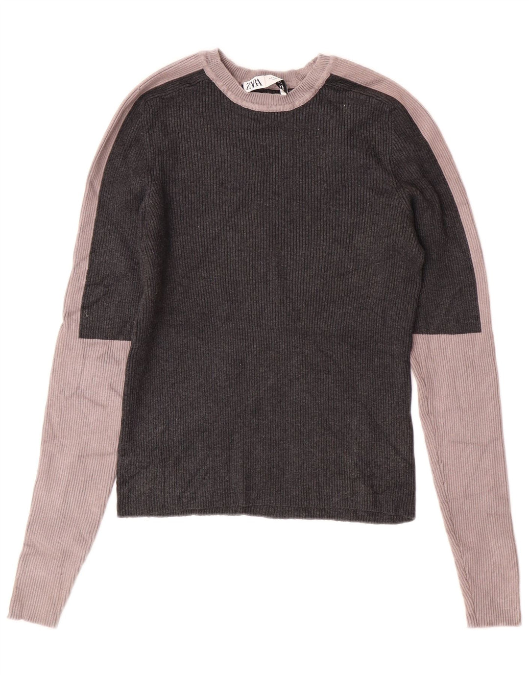 ZARA Mujer Jersey Corto Con Cuello Barco UK 40 XL Gris Colorblock