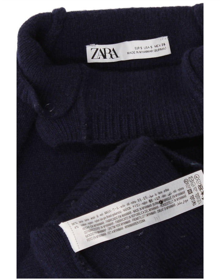 Zara Mujer Oversize Cuello Alto Jersey Jersey UK 10 Small Azul Marino Lana