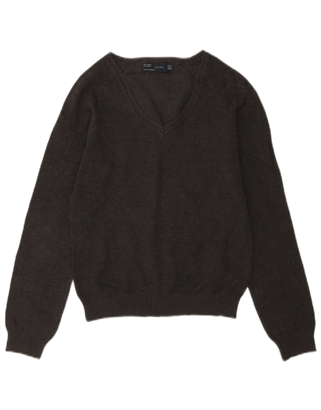 Zara - Jersey con cuello en V para mujer, talla 42, algodón gris medio
