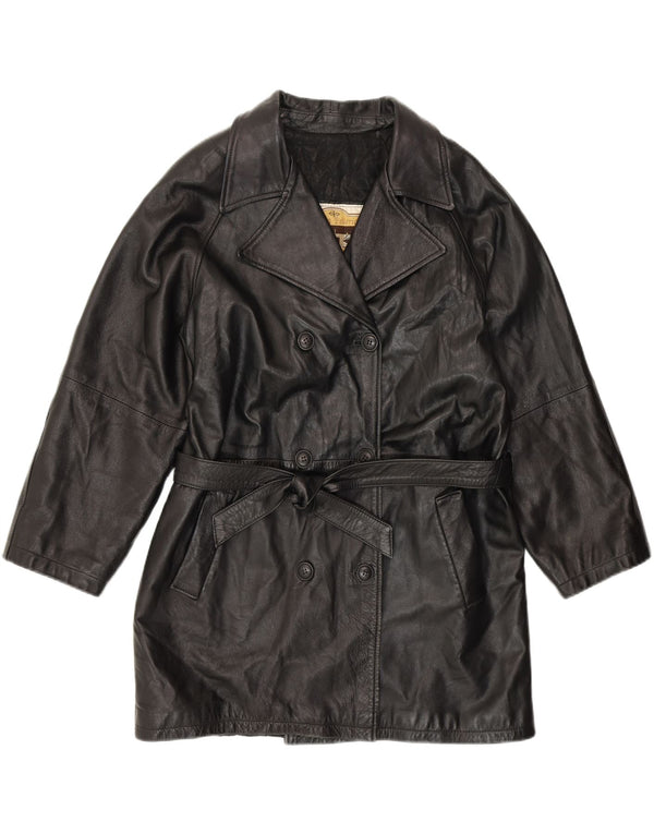 ANTICA PELLERIA Abrigo de doble botonadura para mujer UK 46 Grande Cuero negro