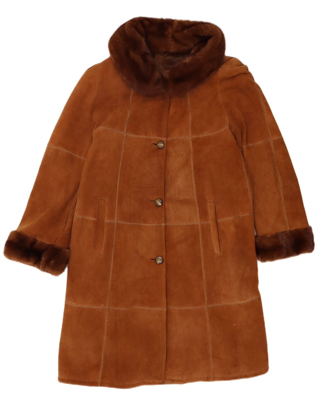Vintage mujer shearling abrigo IT 46 cuero marrón grande