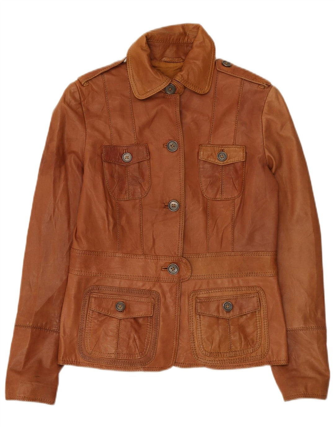 Zara Chaqueta De Cuero Militar Para Mujer UK 44 Marrón Medio
