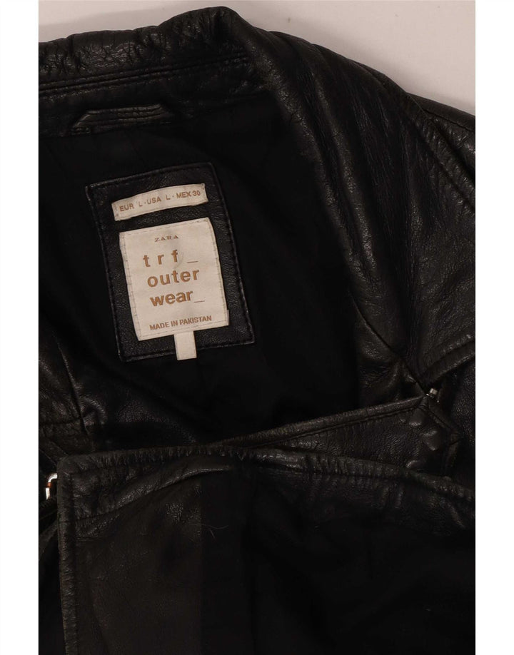 Zara Chaqueta Motera De Cuero Corta Para Mujer UK 46 Grande Negro