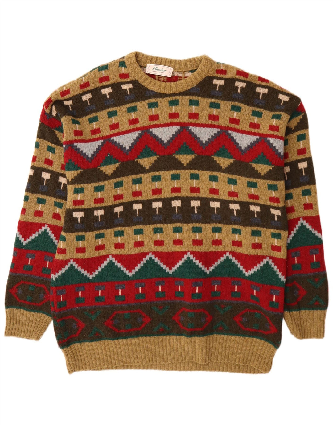 Bluster Jersey De Cuello Redondo Para Hombre IT 52 Large Marrón Geométrico De Lana