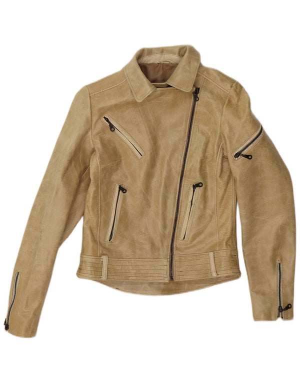 Vintage mujer cuero biker chaqueta Reino Unido 4 XS Beige