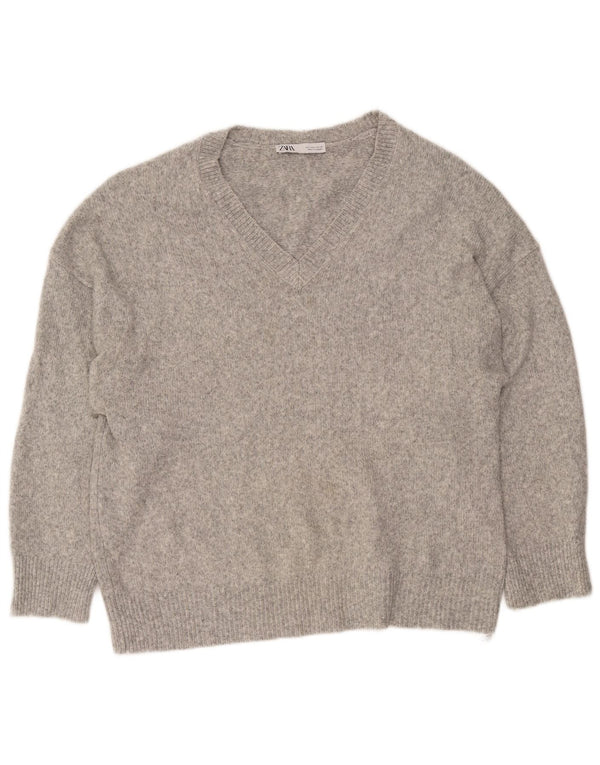 Zara Suéter con cuello en V para mujer UK 46 Acrílico moteado gris grande