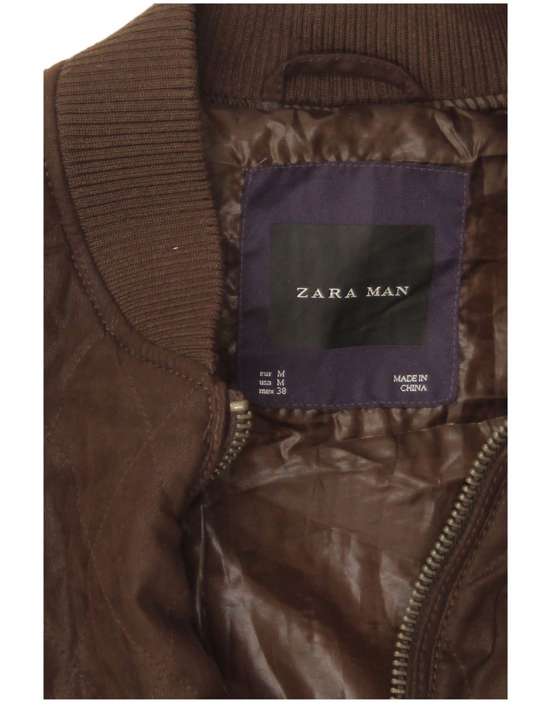 Zara Hombre Chaqueta Bomber Acolchada UK 38 Poliéster Marrón Medio