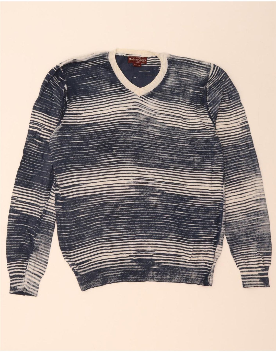 Marlboro Classics - Jersey con cuello en V para hombre, color azul marino mediano, a rayas