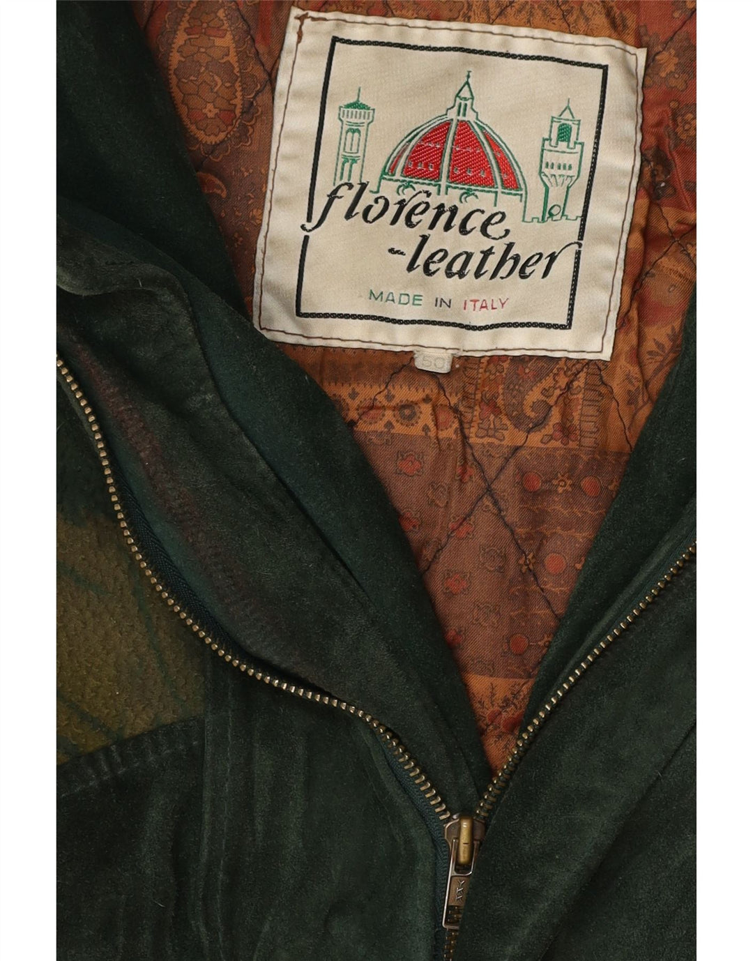 Vintage hombres patrón abstracto ante bomber chaqueta IT 50 cuero verde grande