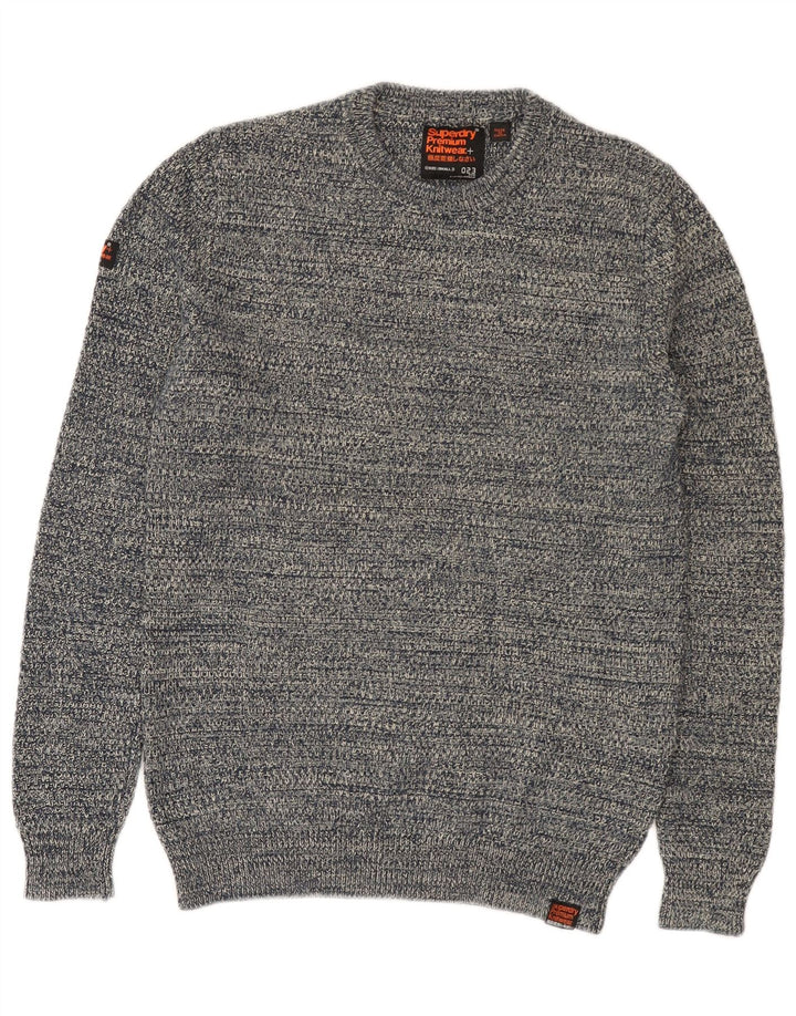 SUPERDRY Jersey de cuello redondo para hombre pequeño de algodón moteado azul marino