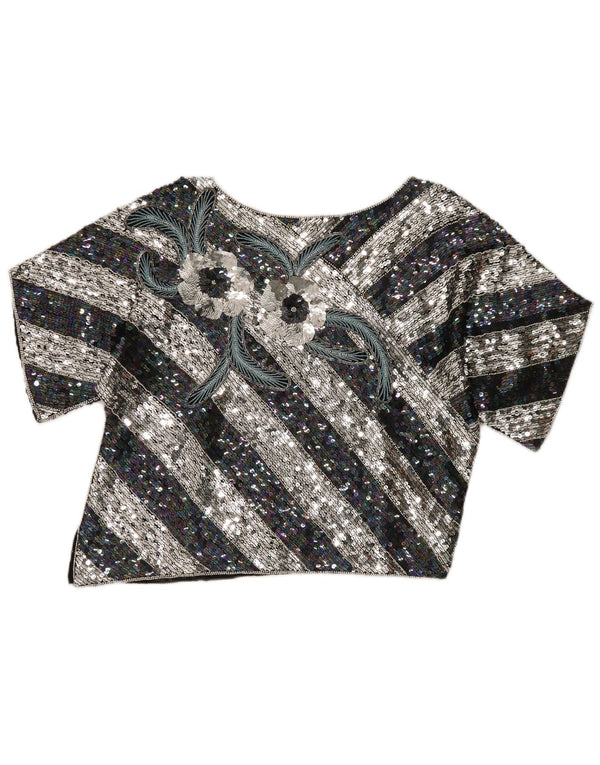 Vintage mujer crop gráfico blusa Top EU 40 Seda de rayas negras medianas