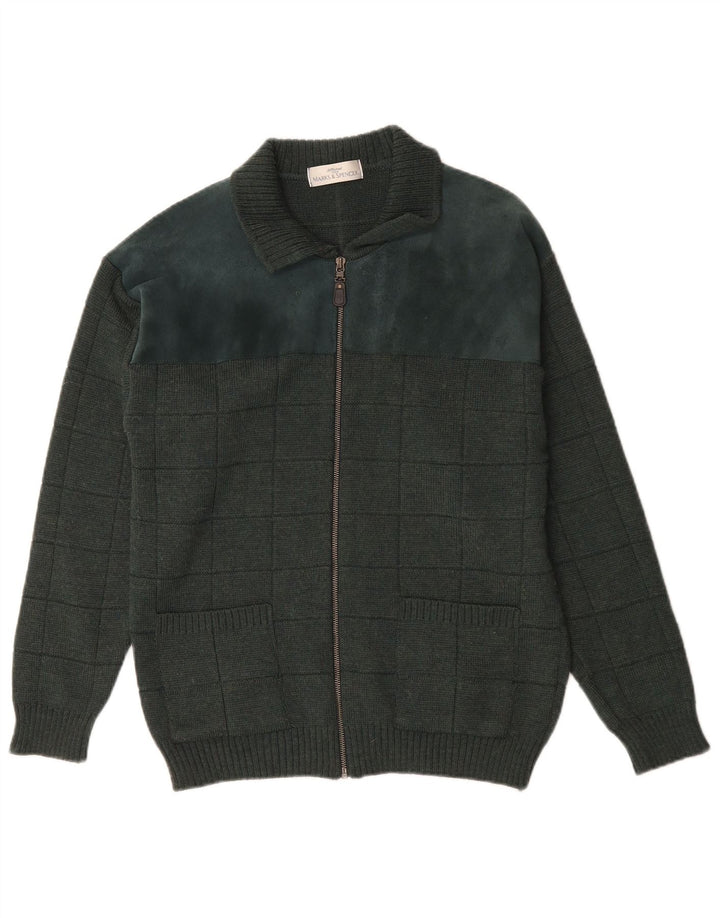 Marks & Spencer Cárdigan St. Michael para hombre, suéter pequeño de lana a cuadros verdes