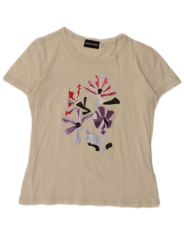 Emporio Armani Camiseta gráfica para mujer Top IT 44 Medium Off White Cotton