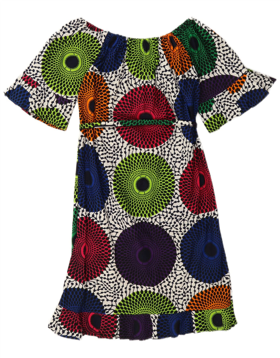 Vintage mujer fuera hombro vestido Reino Unido 12 medio multicolor geométrico