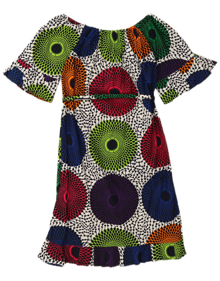 Vintage mujer fuera hombro vestido Reino Unido 12 medio multicolor geométrico