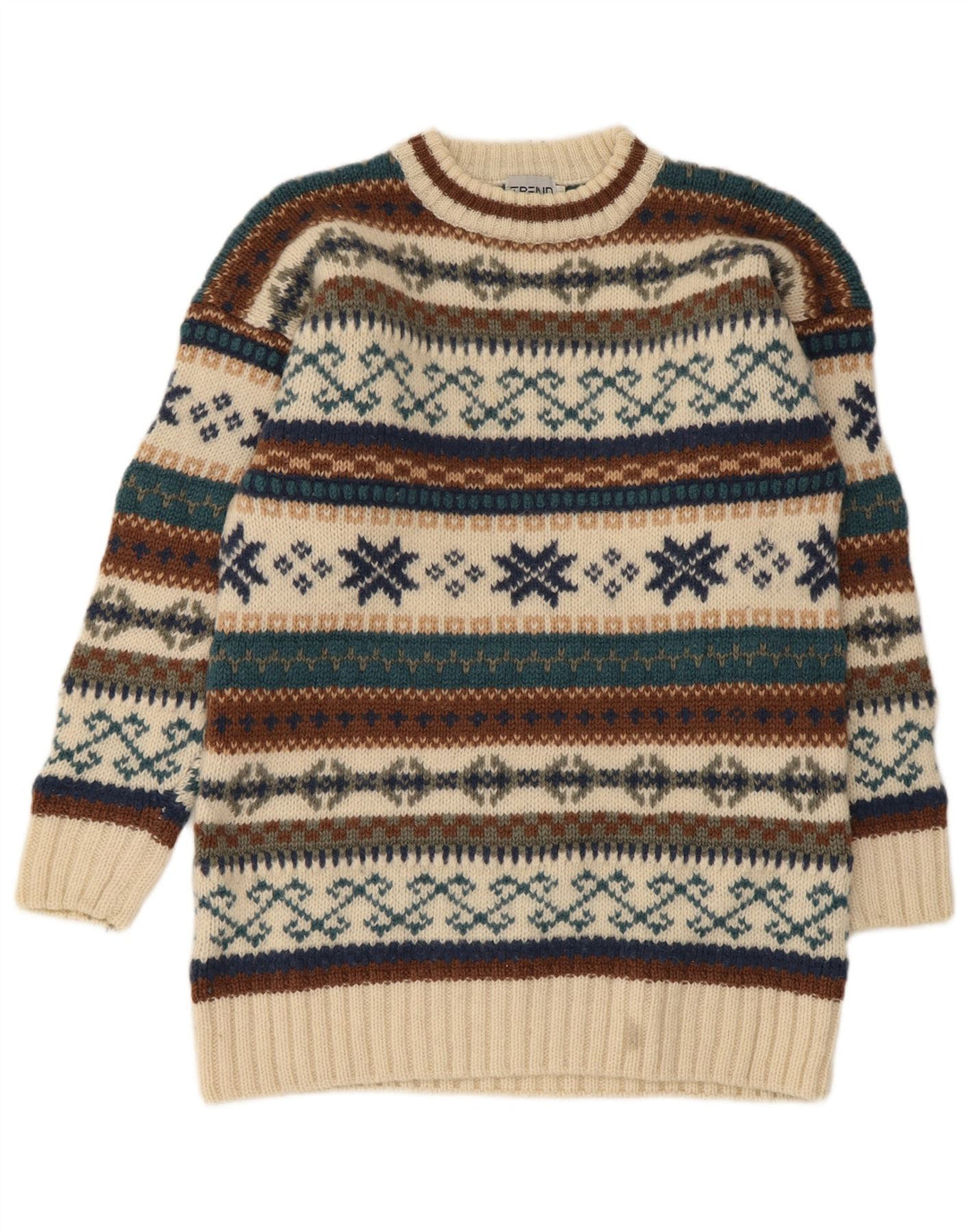 Vintage hombres cuello redondo jersey suéter medio beige feria isla lana