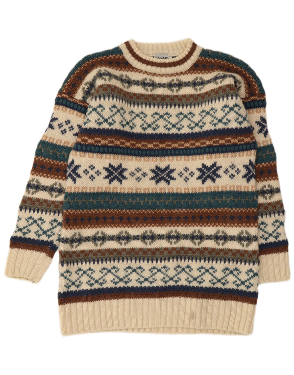 Vintage hombres cuello redondo jersey suéter medio beige feria isla lana