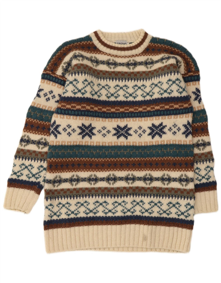 Vintage hombres cuello redondo jersey suéter medio beige feria isla lana