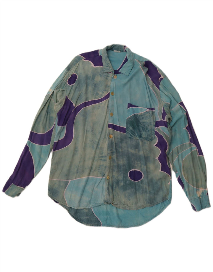 VINTAGE Camisa de patrón abstracto para hombre XL Rayón azul