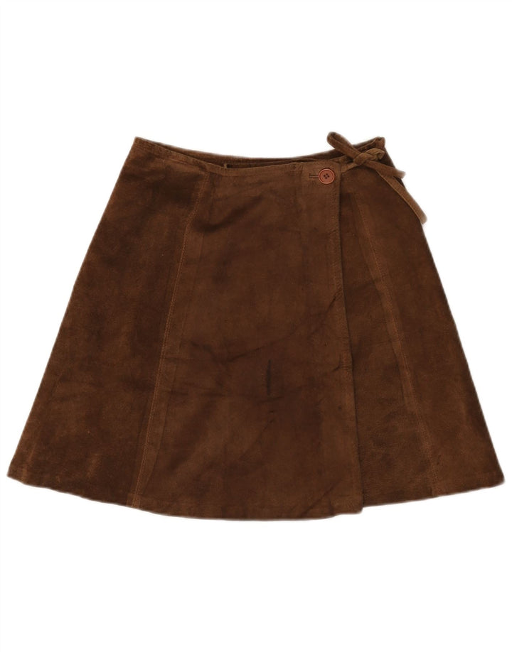 Vintage mujer ante mini falda cruzada IT 42 Medio W26 cuero marrón