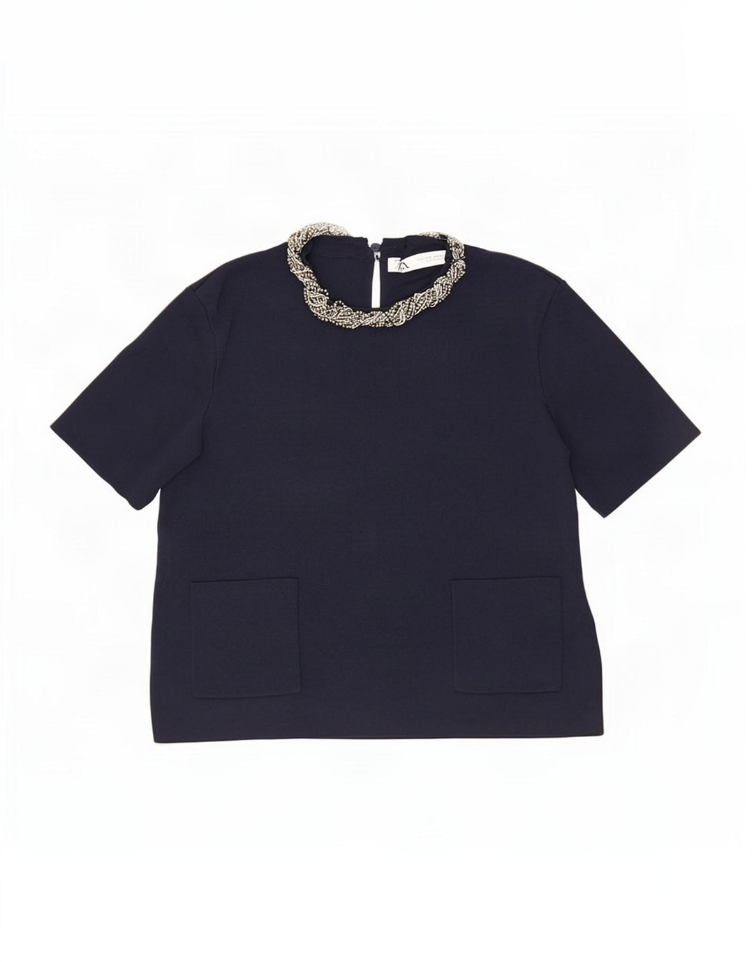 Zara Mujer Crop Blusa Top UK 40 Medio Azul Marino Viscosa