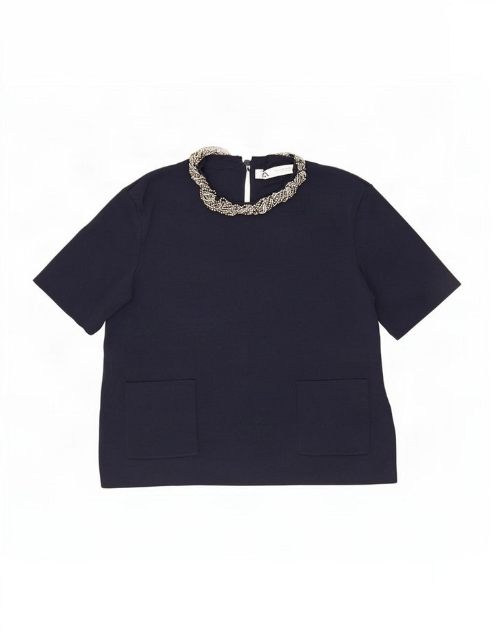 Zara Mujer Crop Blusa Top UK 40 Medio Azul Marino Viscosa