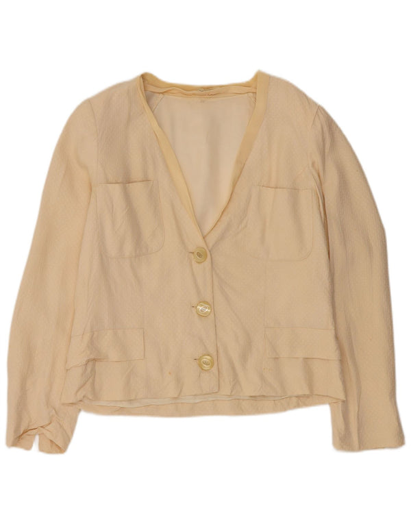 Vintage mujer 3 botones Blazer chaqueta Reino Unido 14 seda beige mediana