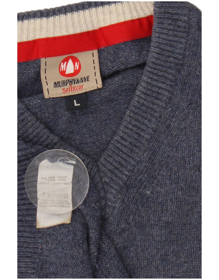 Murphy & Nye Jersey con cuello en V para hombre de lana azul grande