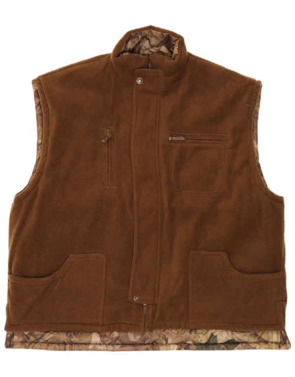 Vintage hombres reversible polar Gilet Reino Unido 46 3XL poliéster de camuflaje marrón