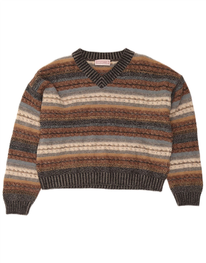 Stefanel Jersey con cuello en V para mujer, talla 40, talla grande, multicolor, a rayas