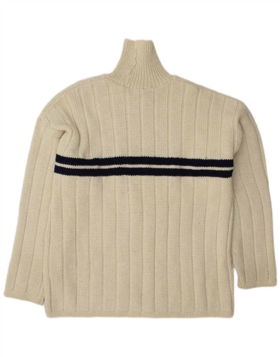 VINTAGE Hombres Turtle Neck Jumper Suéter Grande De Lana A Rayas Blancas