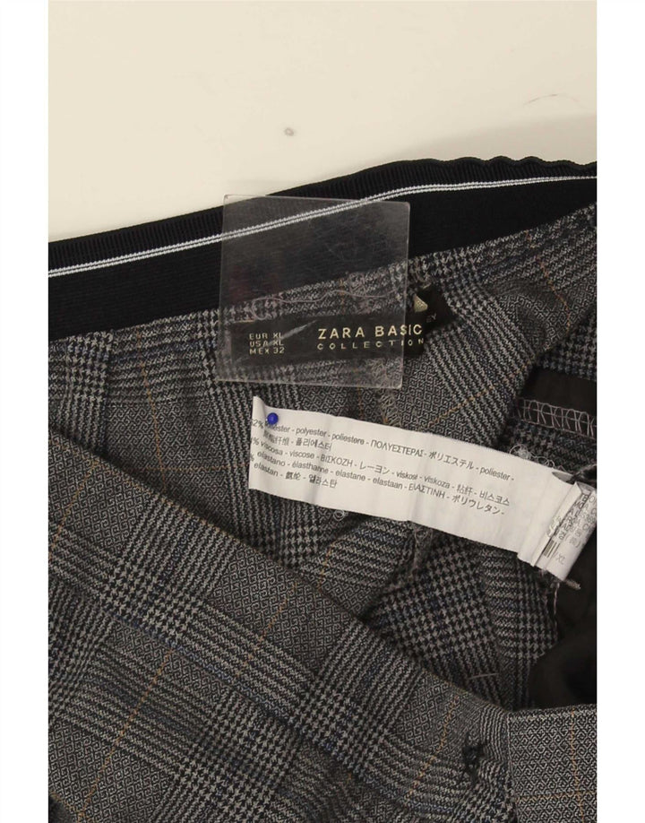 Zara Mujer Pantalón Chino Slim XL W32 L27 Poliéster A Cuadros Gris