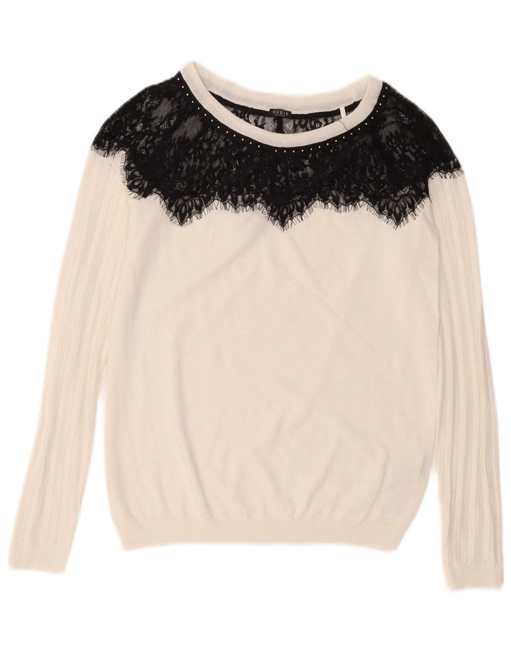 Guess Suéter tipo jersey con cuello barco para mujer UK 12 Medium White Colourblock
