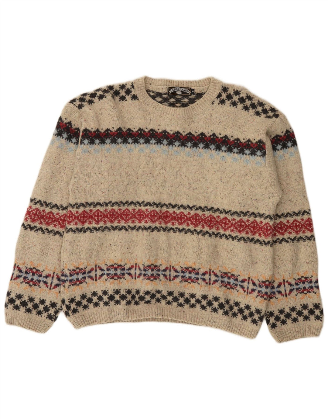 Vintage hombres cuello redondo jersey suéter pequeño beige feria isla lana