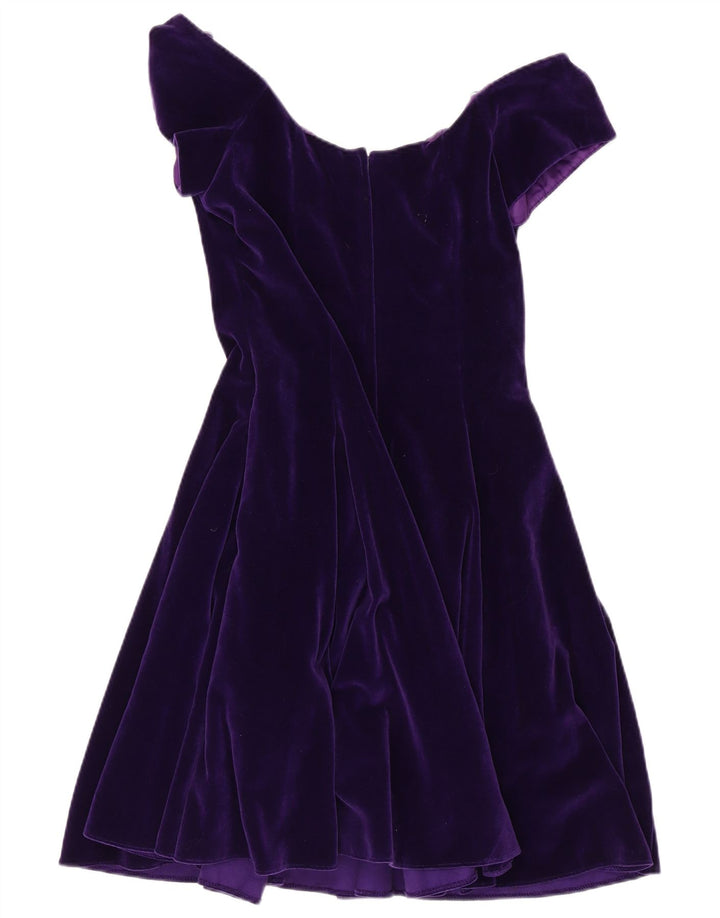 VINTAGE Mujer Terciopelo Fuera Hombro Vestido Reino Unido 14 Algodón Púrpura Medio