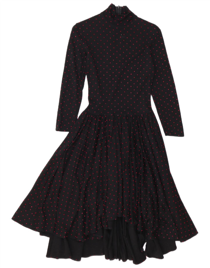 Vintage mujer manga larga Maxi vestido EU 38 medio negro lunares lana