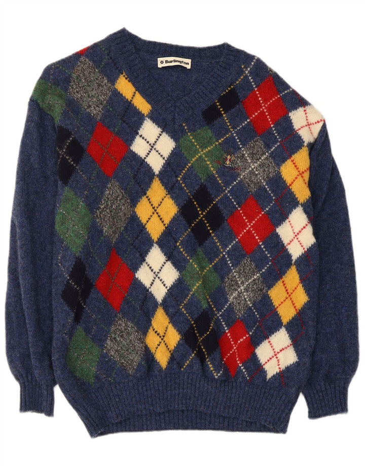 Burlington Jersey con cuello en V para hombre de lana virgen azul medio Argyle/Diamond
