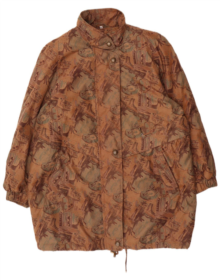 VINTAGE Mujer Suelto Ajuste Patrón Abstracto Impermeable EU 42 Marrón Grande