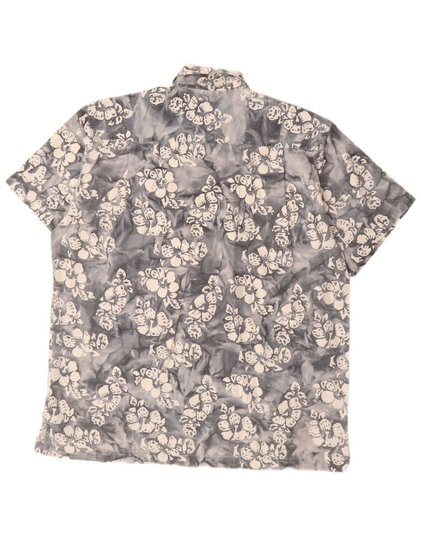 Vintage hombres camisa de manga corta 2XL gris floral algodón