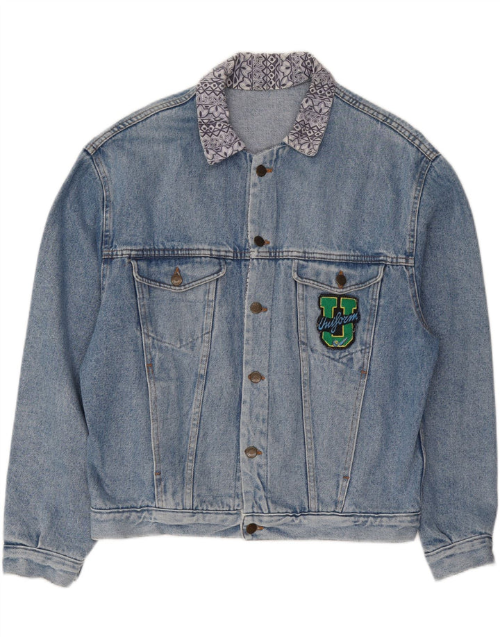 UNIFORM Mens Graphic Denim Jacket UK 42 XL Blue Fair Isle